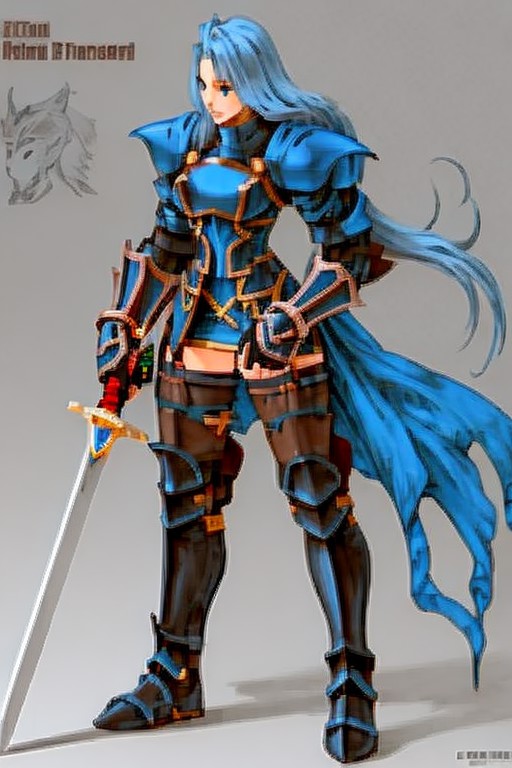 final fantasy character concept <lora:finfan:0.7> finfan, anime girl warrior in steel armor, oversized weapon, berserker s...
